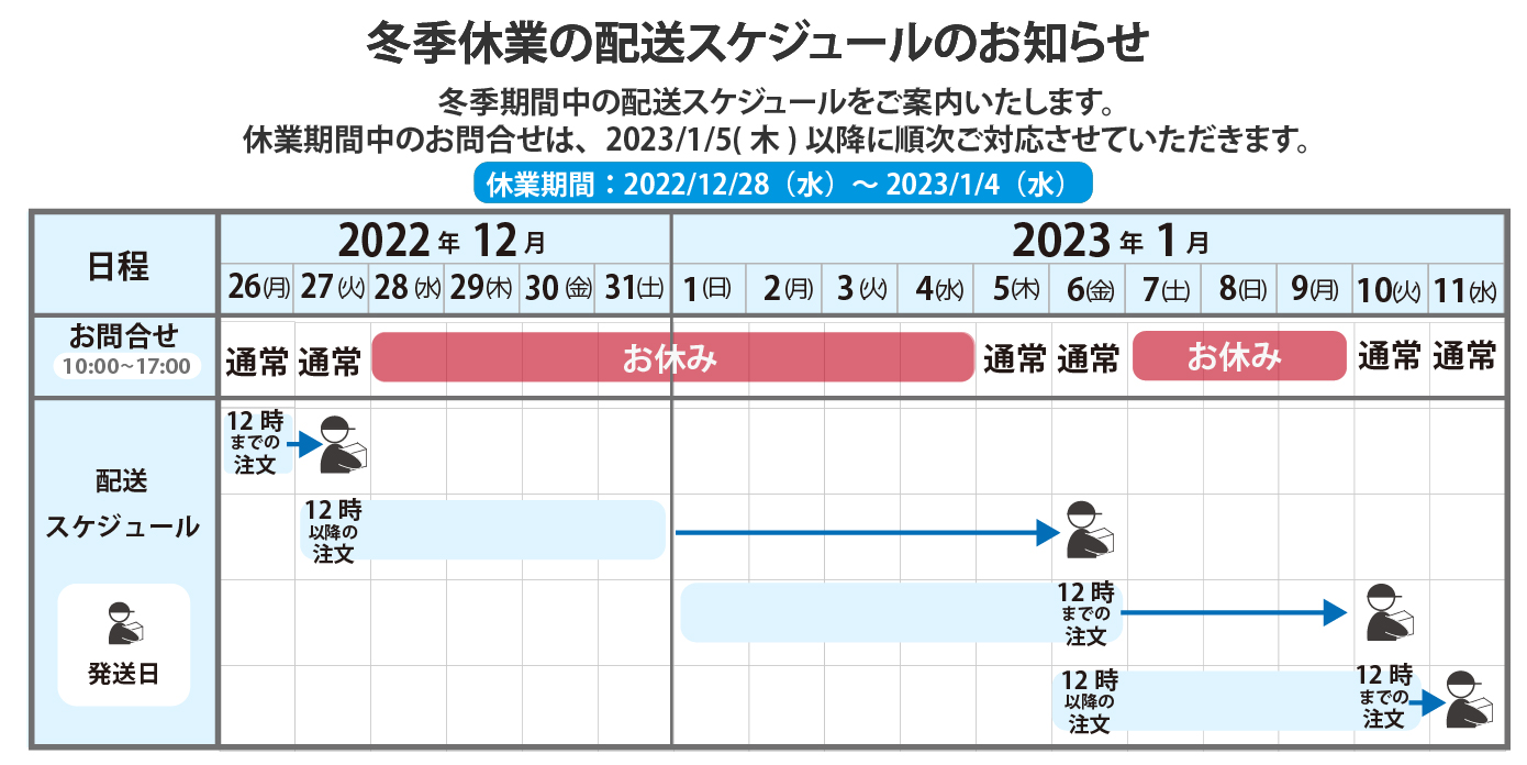 2023年冬季休暇のご案内。ご迷惑をお掛けしますがご理解ご協力の程宜しくお願い致します。